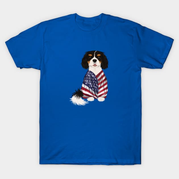 USA American Flag, Tri-Color Cavalier King Charles Spaniel T-Shirt by Cavalier Gifts